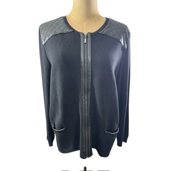 "CHICOS" 100% Cotton Zip Sweater Shacket SZ 3 (16) Faux Quilted Leather Office - Picture 1 of 9